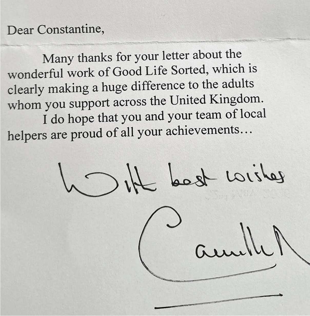 Letter from Queen Camilla acknowledging Good Life Sorted