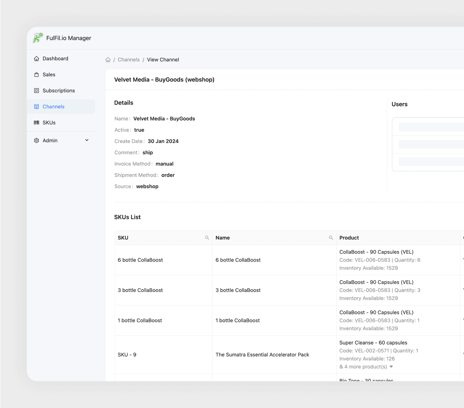 Channels dashboard